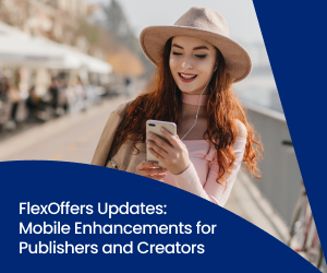 Smiling woman checks her phone, representing mobile enhancements in her FlexOffers publisher platform