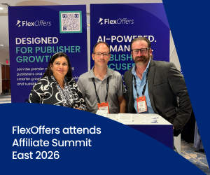 The FlexOffers team poses for a photo in front of their booth at Affiliate Summit East