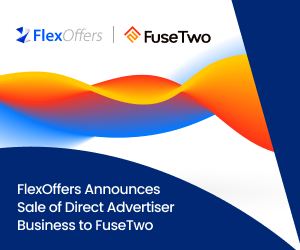 A featured blog image with a merging of FlexOffers and FuseTwo brand colors and logos to announce the sale of FlexOffers Direct Advertiser assets to FuseTwo.